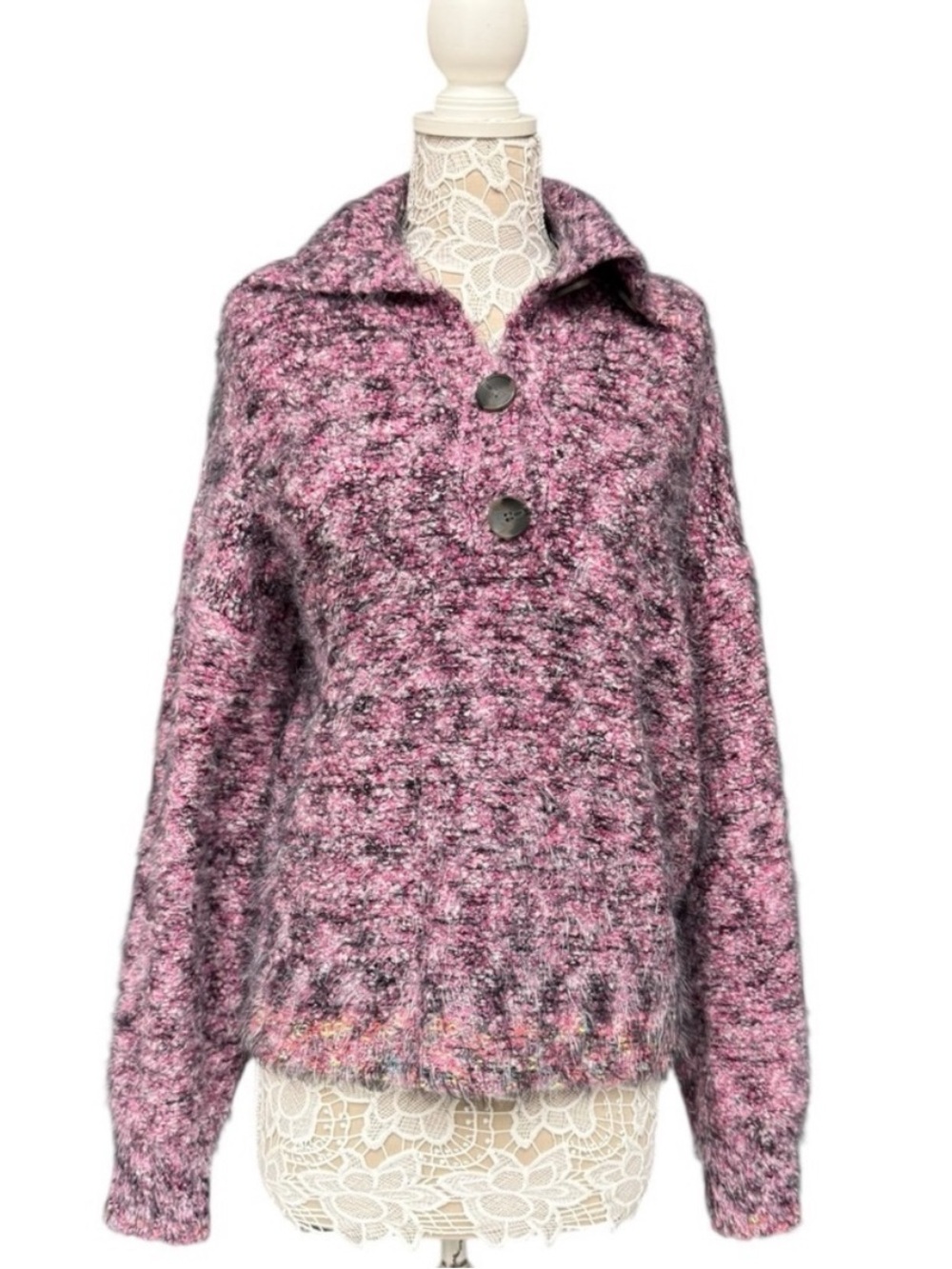 Free People Stella Collar Button Neck Boucle Knit Sweater Shocking Pink Medium